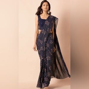 Navy Floral Pre Stitched Saree / Sari (blouse not included)